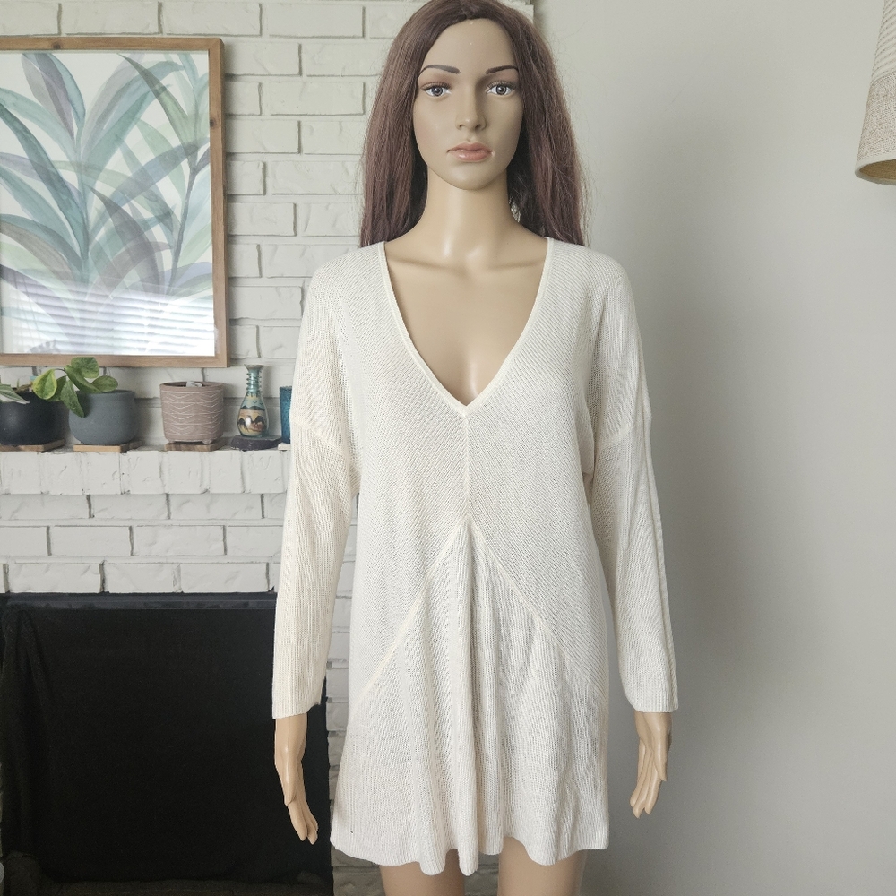 Mango Cream V-Neck Knit Sweater Dress